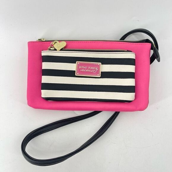 Betsey Johnson New York NY Womens Crossbody Bag Striped Hot Pink Zippered - Picture 15 of 15